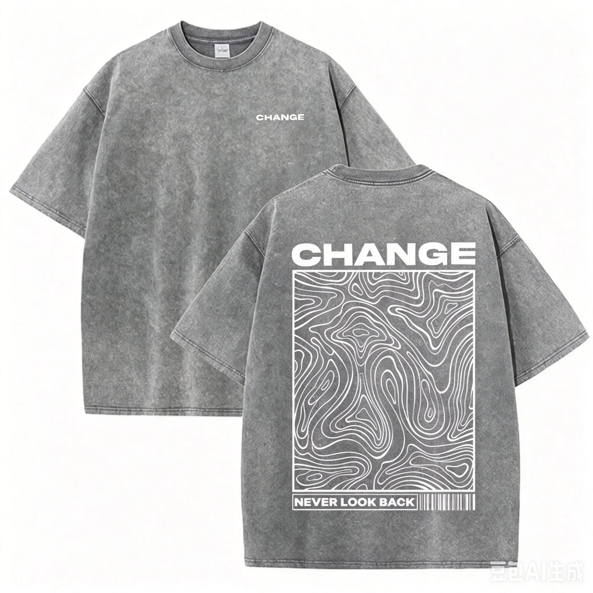 "CHANGE" Topographic Line Art Print Vintage Washed Beige Casual Graphic T Shirt