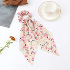 Fashion Flower Print Bow Satin Long Ribbon Ponytail Scarf Tie Scrunchies Women Girls Elastic Bands Hair Accessories