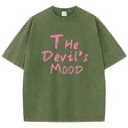 Fashion Womans Cotton Washed T-shirts The Devil's Moon Letter Prints Tops Casual O-Neck Oversize Tees Street Female Clothes