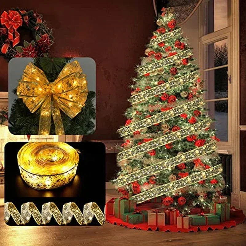 1/2/5/10M Christmas Tree Ribbon Fairy Lights, Indoor DIY Bows String Light Battery Powered for Christmas Tree New Year Decor