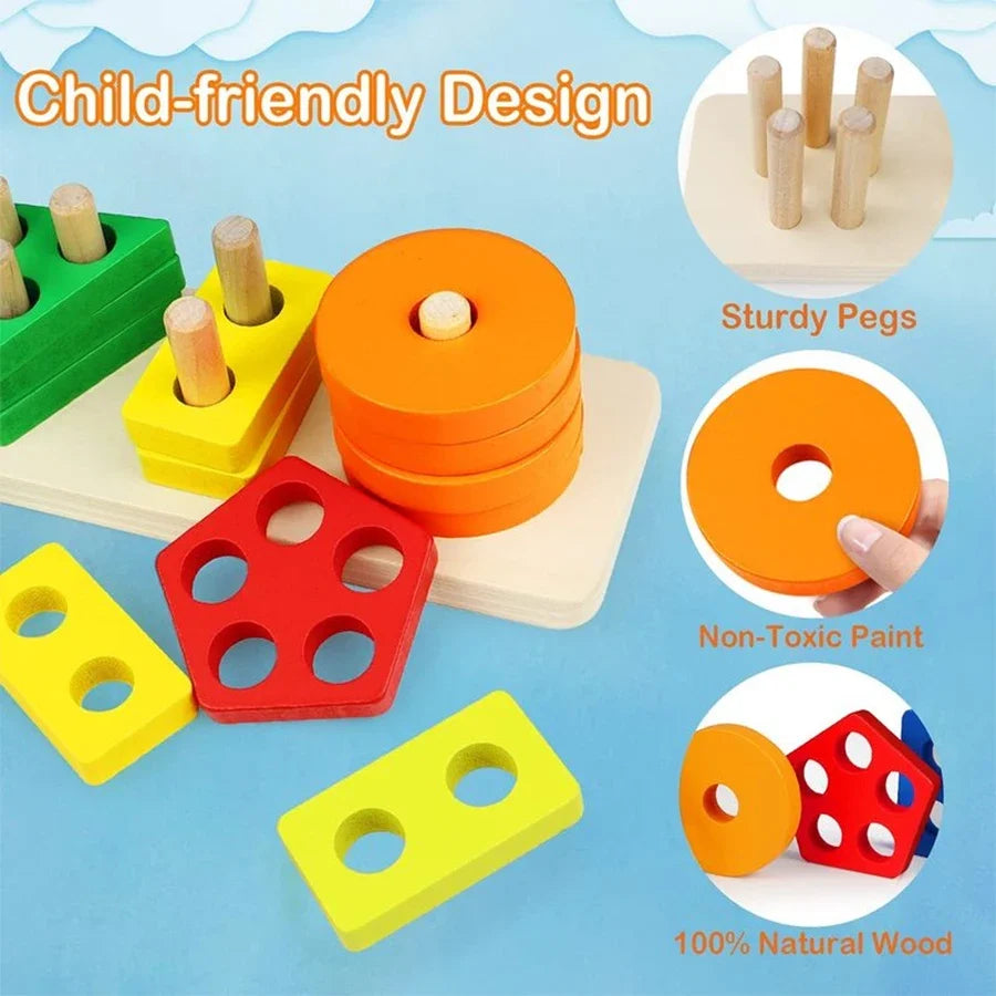 Montessori Wooden Shape Sorting and Stacking Educational Toy for Toddlers
