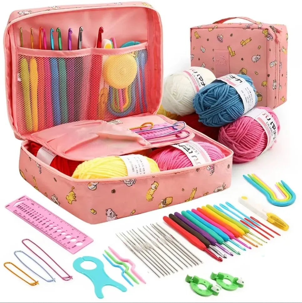 FELE 59Pcs/Set Portable Crochet Knitting Set DIY Beginner Crochet Hook Kit With Storage Bag Material Pack and Storage Tools