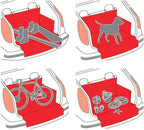 Red car seat cover with various items and a dog illustration on a white background