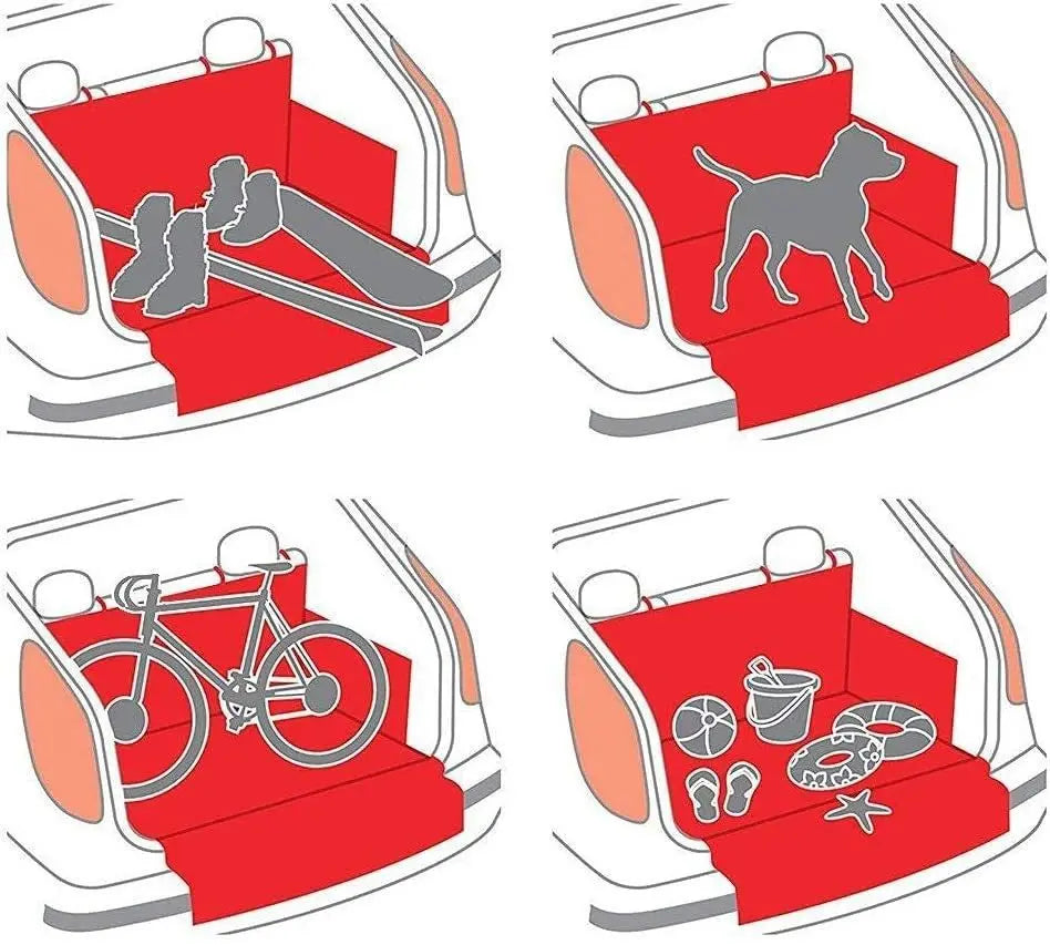 Red car seat cover with various items and a dog illustration on a white background