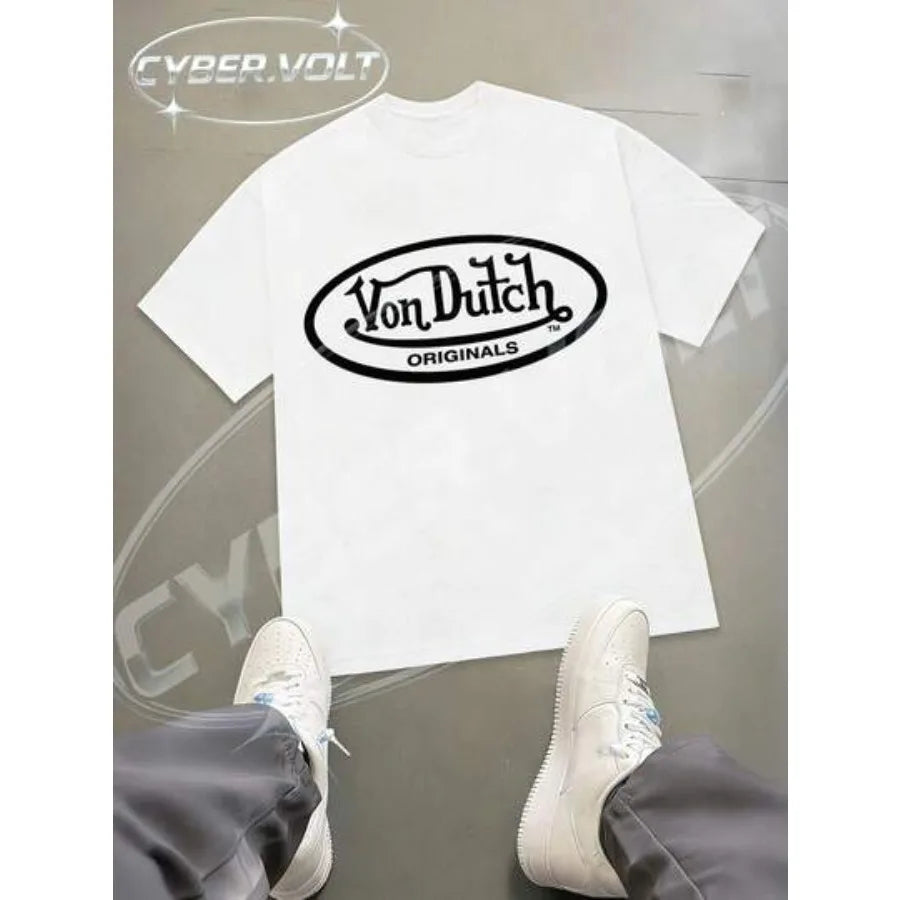 【New Arrival】Von Dutch Originals Oval Logo Oversized Graphic T-Shirt | Y2K Streetwear White Cotton Short Sleeve Tee