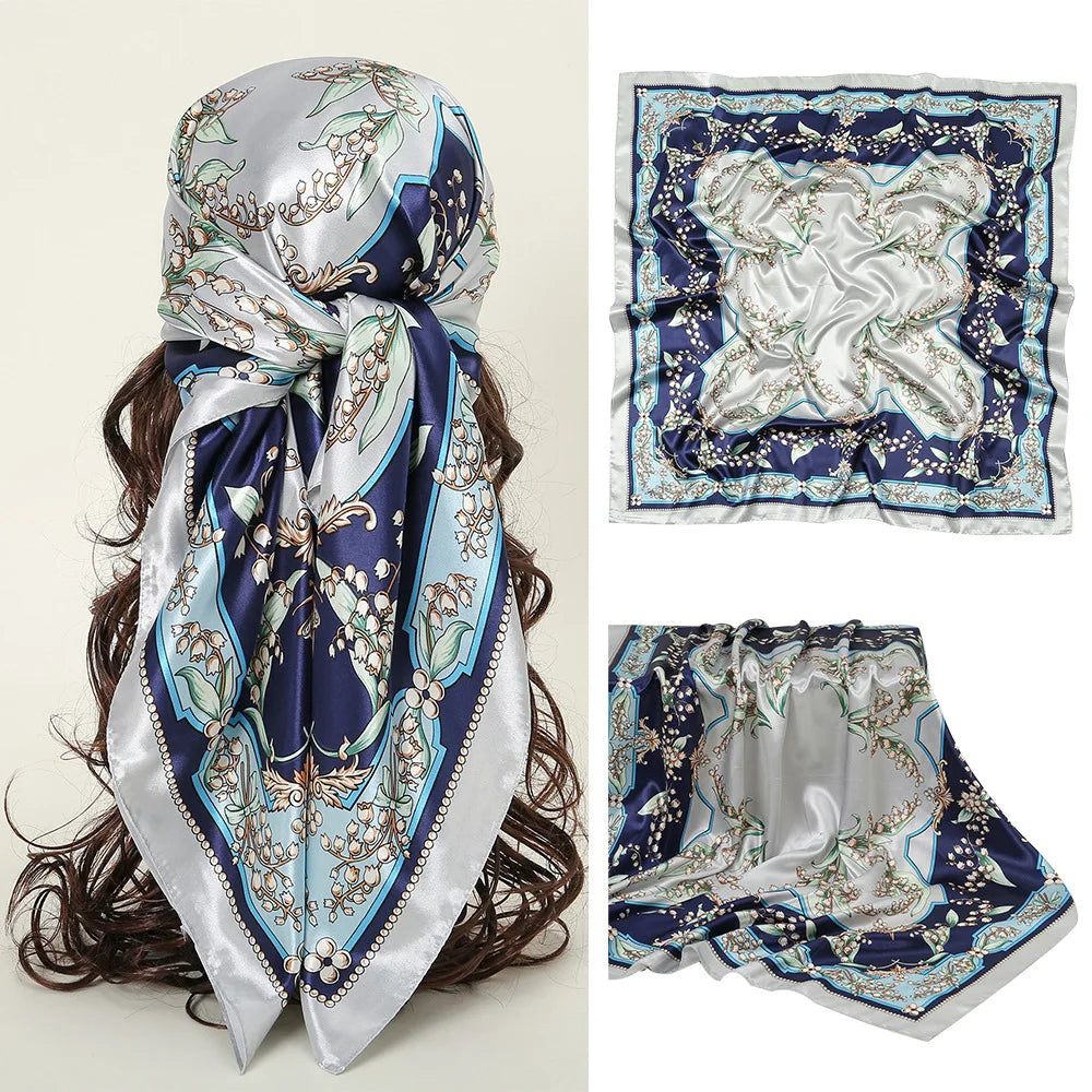 90*90cm Square Silk Scarf Women Print Scarves Satin Shawl Wrap Hijab Female Headband Bandana Foulard Neckerchief