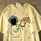 Short-sleeved T-shirt with A Cute Black and White Japanese Cat Pattern A Summer Short-sleeved Top.women Clothing Graphic Tshirts