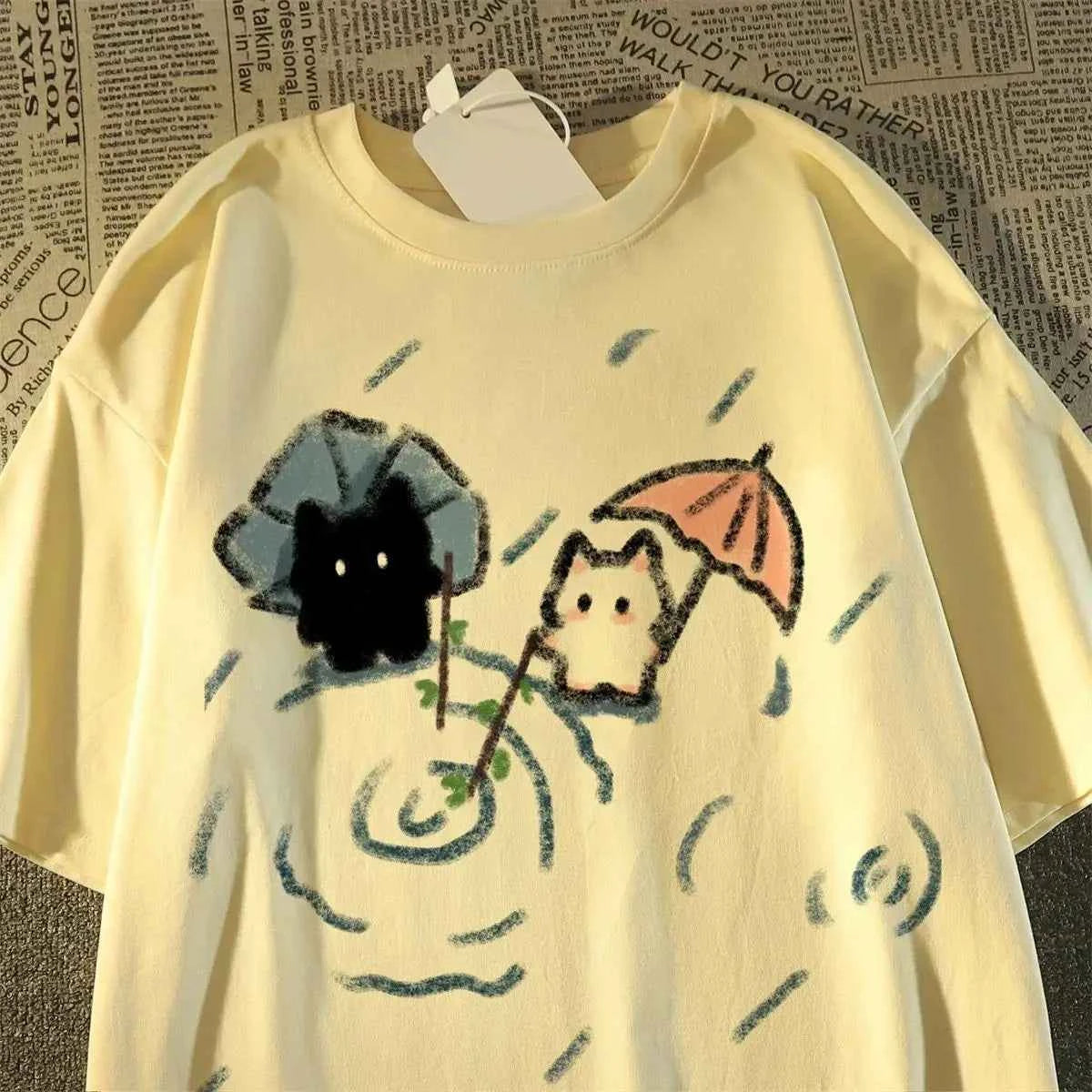 Short-sleeved T-shirt with A Cute Black and White Japanese Cat Pattern A Summer Short-sleeved Top.women Clothing Graphic Tshirts