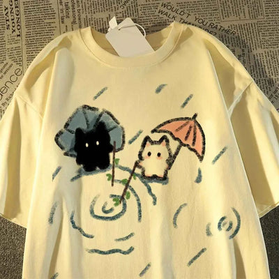 Short-sleeved T-shirt with A Cute Black and White Japanese Cat Pattern A Summer Short-sleeved Top.women Clothing Graphic Tshirts
