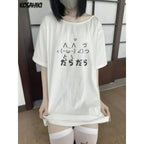 Camiseta holgada y bonita de estética Y2k para mujer camisetas informales con cuello redondo de dibujos animados japoneses