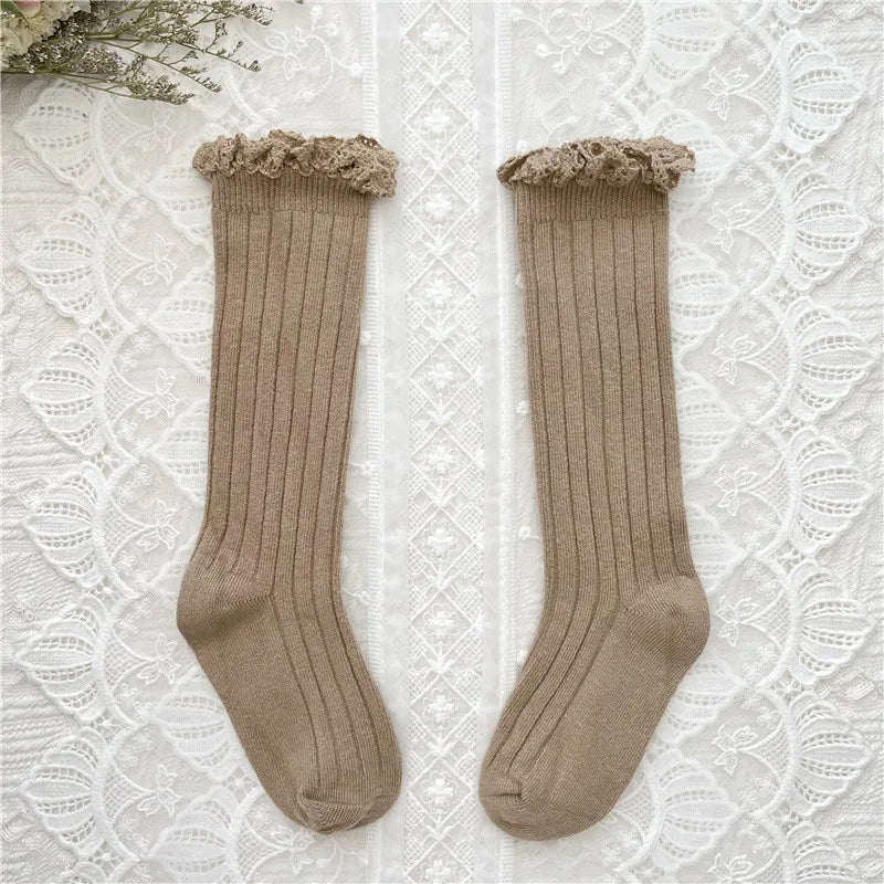 Ruffle Kids Knee High Socks Baby Girls Toddlers Long Soft Cotton Sock Lace Flower Children School Uniform Socks For 0-8Years