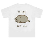 Japanese Polka Dot Cute Lazy Cat Print Loose T-shirt Aesthetics Kawaii Cartoon Tops Women's Sweet Harajuku Grunge Tees Y2k Tops