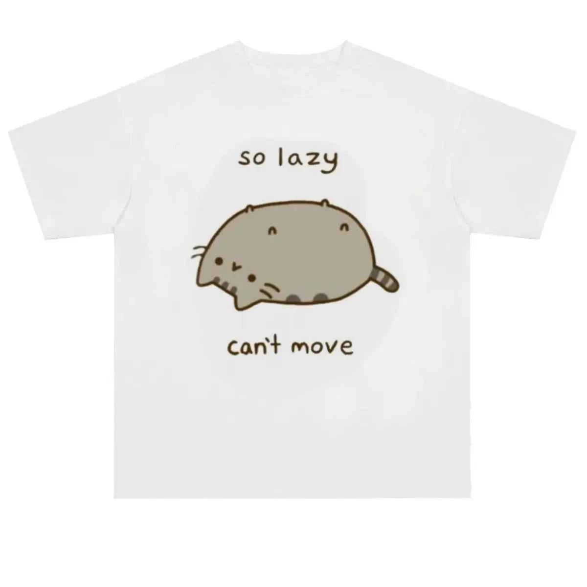 Japanese Polka Dot Cute Lazy Cat Print Loose T-shirt Aesthetics Kawaii Cartoon Tops Women's Sweet Harajuku Grunge Tees Y2k Tops