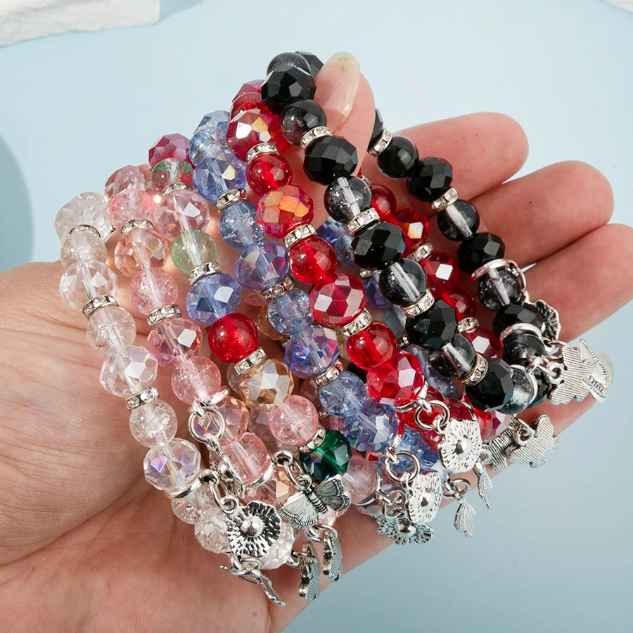 6pcs/set Flower Butterfly Charms Bracelet Elastic Bracelet Colorful Glass Beads Bracelet For Women Girls Fashion Jewelry Gifts