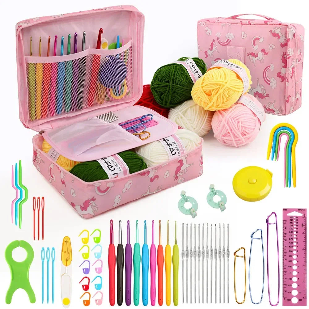 FELE 59Pcs/Set Portable Crochet Knitting Set DIY Beginner Crochet Hook Kit With Storage Bag Material Pack and Storage Tools