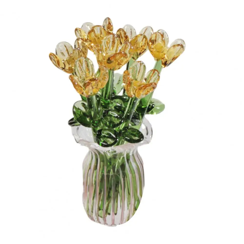 Glass Flower Decor Handcrafted Floral Sculpture Hand-blown Glass Flower Bouquet with Vase Mini Floral Decoration for Home Room