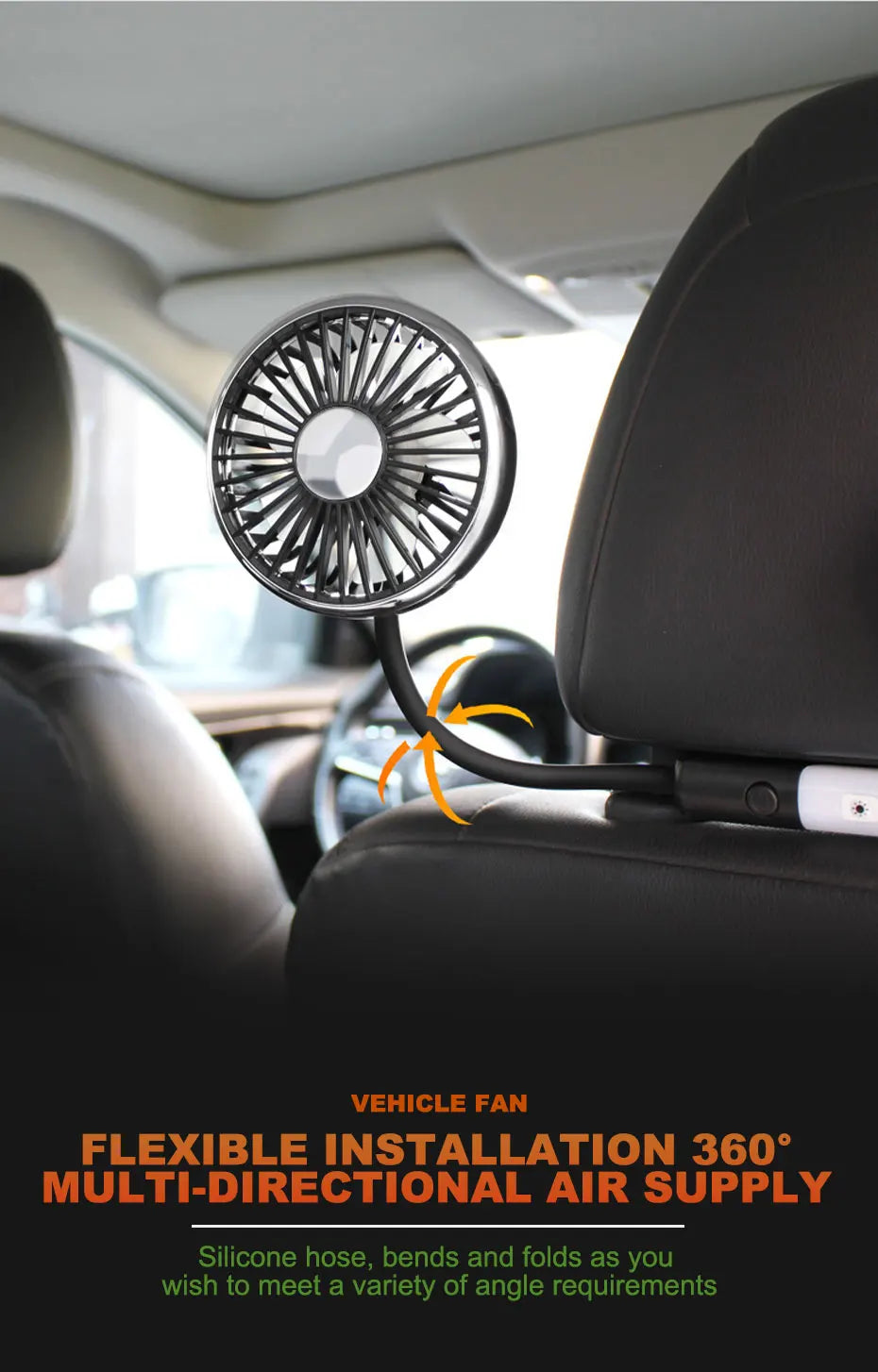 SEAMETAL Car USB Fan Dual Head Cooling Air Fan Independent Switch 3-Speed 360 Degree Adjustable Auto Headrest Fan for Rear Seat