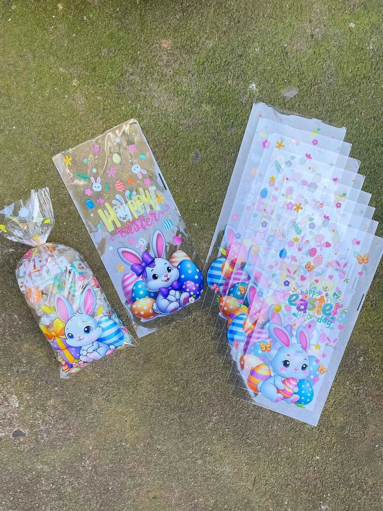 50pcs Cute Little Rabbit Easter Egg Pattern Gift Flat Bags With Golden Tie, Colorful Balloon Happy Easter Printed Gift Decor Bag
