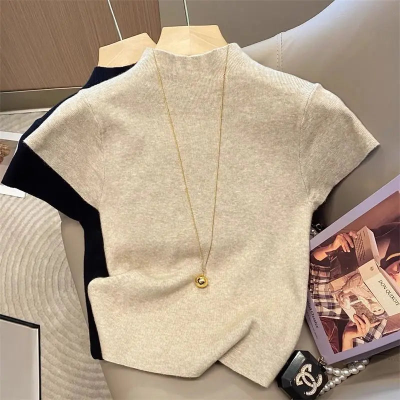 Basic Turtleneck Solid Thin Summer 2026 Pullover Women Female Knitted Sweater Slim Short Sleeve Bodycon Sweater
