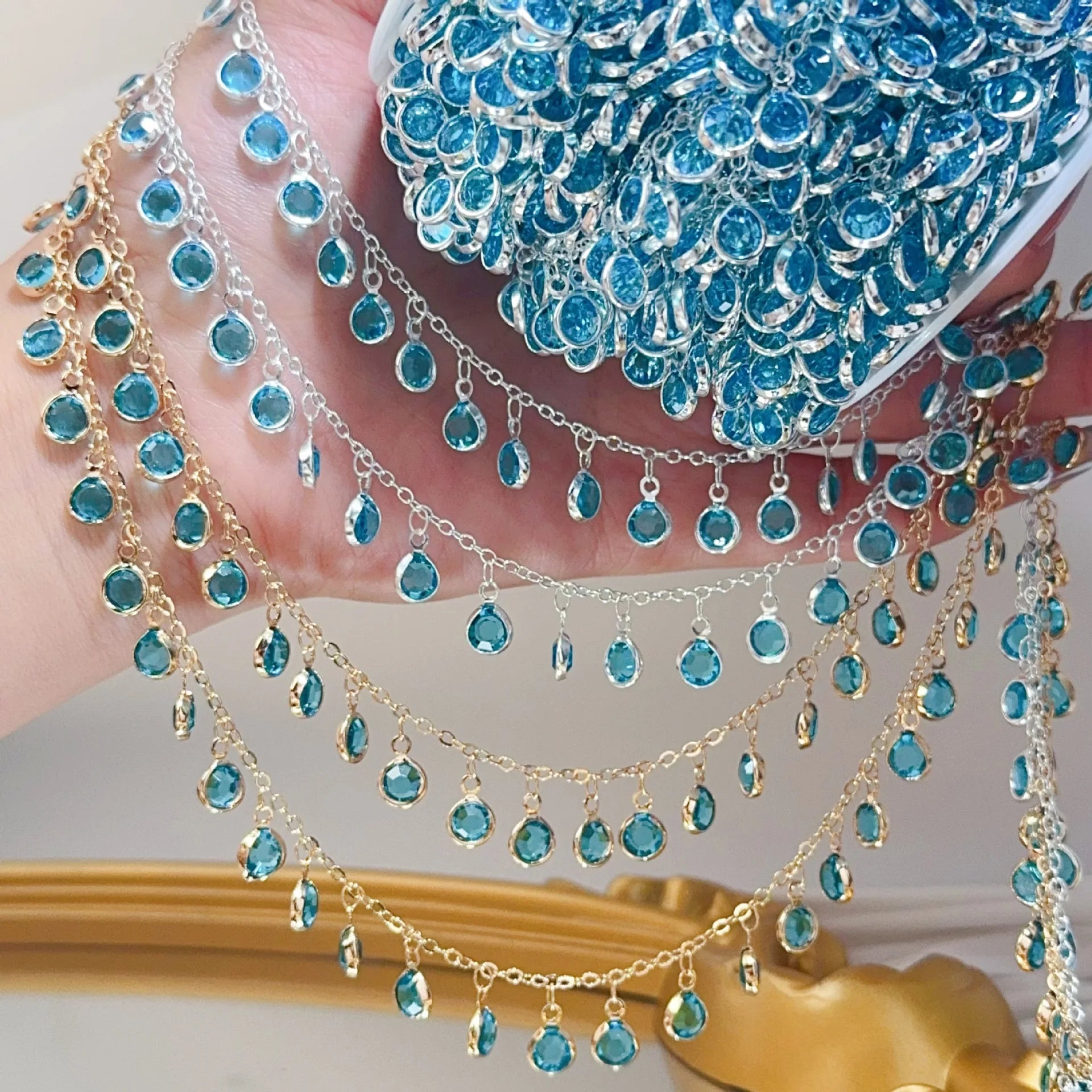 0.5Meter 1Meter Lake Blue Glass Pendant Tassel Copper Chain For DIY Necklace Exotic Clothing Hair Accessories Material