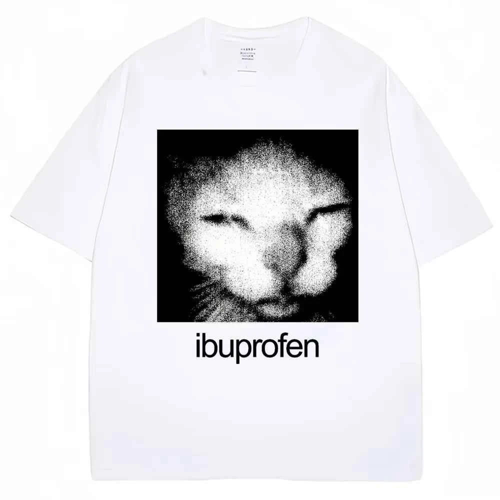 2026 Vintage Funny Ibuprofen Cat Meme Graphic Tees Men Women Humor Fashion T Shirts Oversized Casual Streetwear T-shirt Y2K Tops