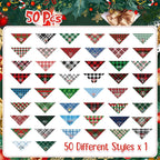 Collection of 50 plaid dog bandanas on a green Christmas-themed background with text indicating quantity and design variety.