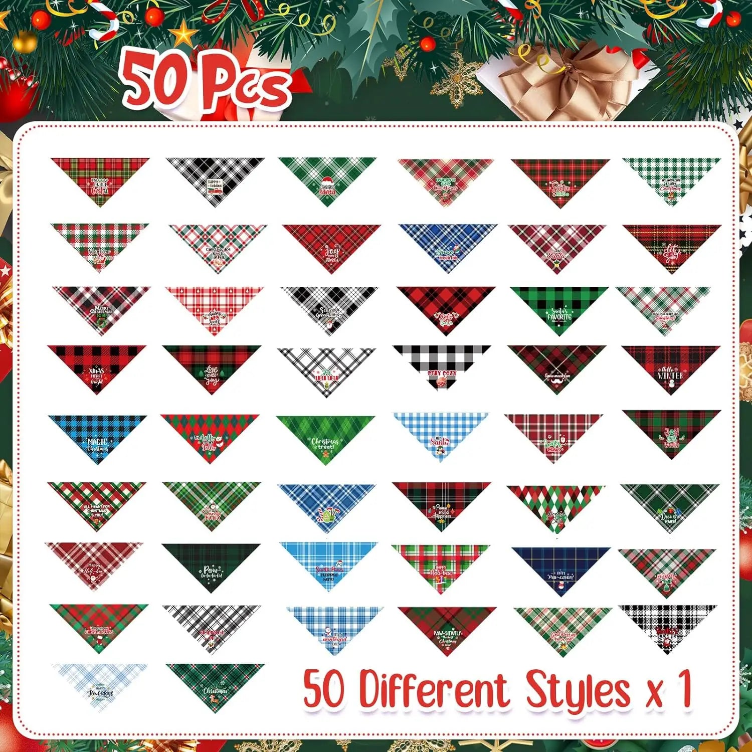 Collection of 50 plaid dog bandanas on a green Christmas-themed background with text indicating quantity and design variety.