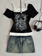 Women's 90s Vintage Punk T-Shirt Summer Streetwear Sexy Short Sleeve Gothic Slim Crop Top Hotgirl Casual Femme Tee Harajuku Y2k
