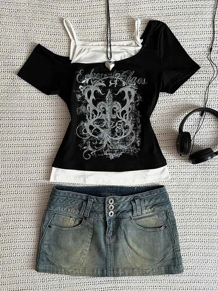 Women's 90s Vintage Punk T-Shirt Summer Streetwear Sexy Short Sleeve Gothic Slim Crop Top Hotgirl Casual Femme Tee Harajuku Y2k