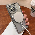New Fashion Glitter Diamond Transparent Case For iPhone 16 15 14 13 17 12 Pro Max 16 Plus Magnetic Wireless Charge Bumper Cover