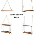 1PC Wooden Swing Hanging Hemp Rope Wall Shelve Mounted Floating Home Living Room Plant Flower Pot Tray Storage Garden Decoration