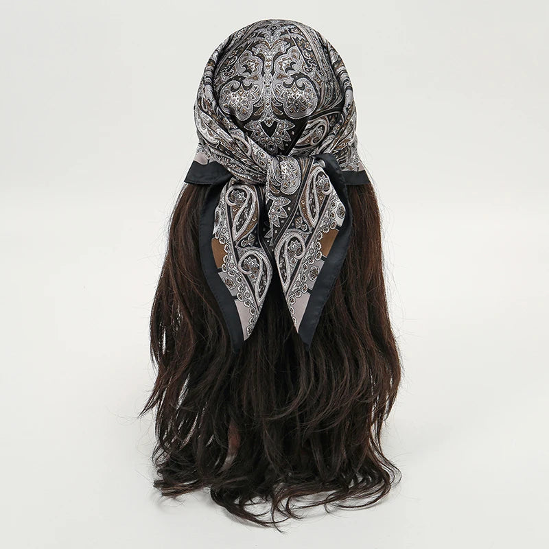 Bohemian Style Floral Print Women’s Square Silk Scarf Satin Head Wrap Tropical Leaf Flower Design Scarves Bandana Hijab