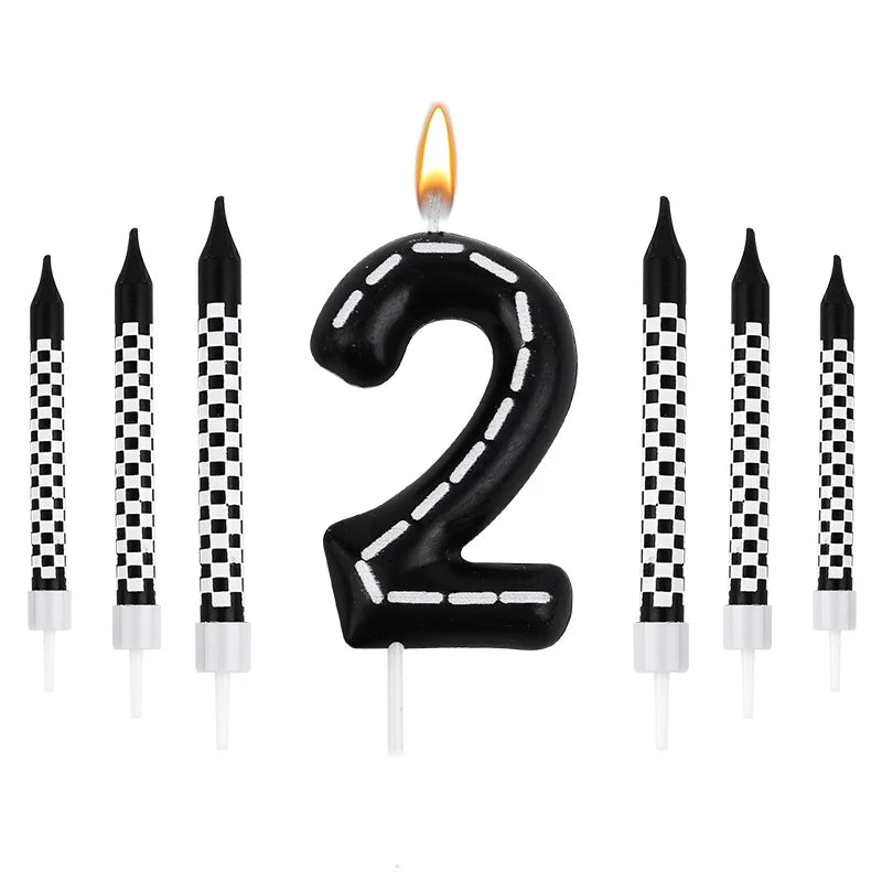 7Pcs/set Racing Cars Birthday Number Candles Black White Checkered Themed Cake Topper Kids Boys Birthday Party Decoration Favors