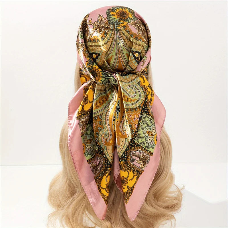 Satin Square Scarf Women Muslim Hijab Elegant 2025 Print Silk Neckerchief Shawl Wraps Headband Handle Hair Accessories Bandana