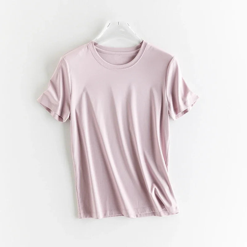 High-end New 10% Silk & Mercerized Cotton Women T-shirt Luxury Tee Short Sleeve Silky Feeling Summer Wear 2025 Tops V / O-neck