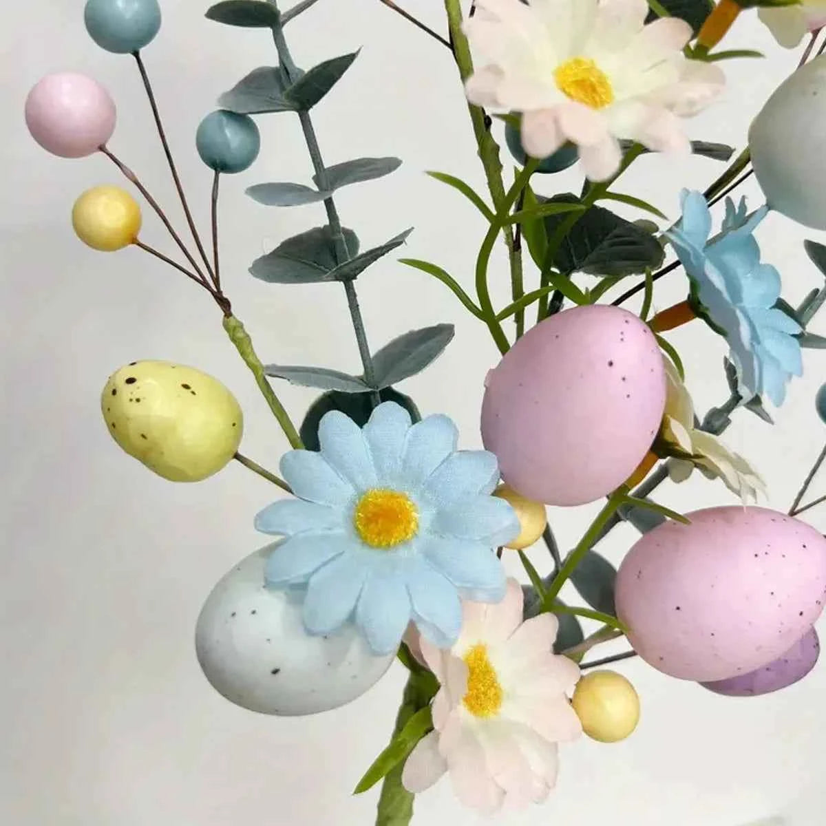 Pastel Easter Artificial Flower Bouquet - Plastic Faux Floral Arrangement with Eggs and Berries - for Home Decor