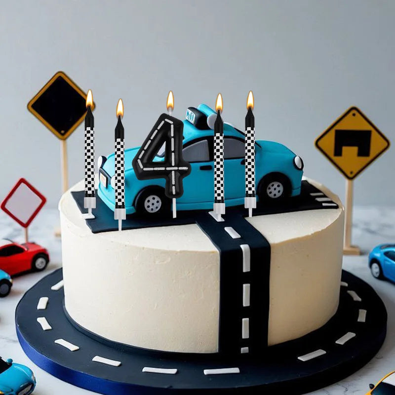 7Pcs/set Racing Cars Birthday Number Candles Black White Checkered Themed Cake Topper Kids Boys Birthday Party Decoration Favors