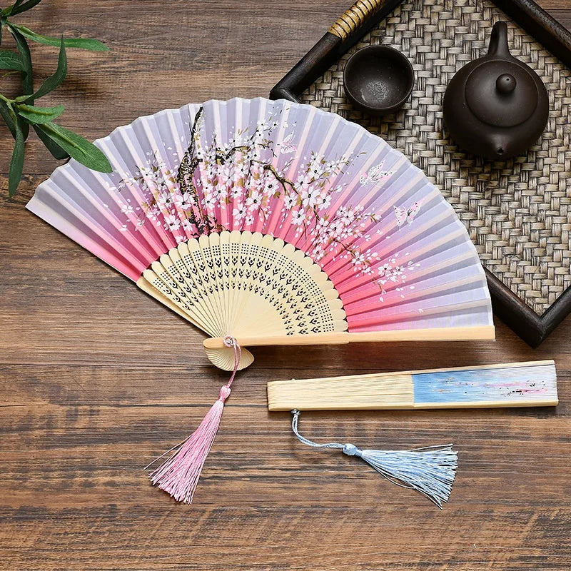 Vintage Silk Folding Fan Bamboo Tassel Decorative Hand Fan