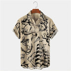 Vintage Men's Mermaid Print Shirts Boat Anchor Print Button Shirts Summer Ocean Element Shirts Men's Hawaiian Leisure Shirts