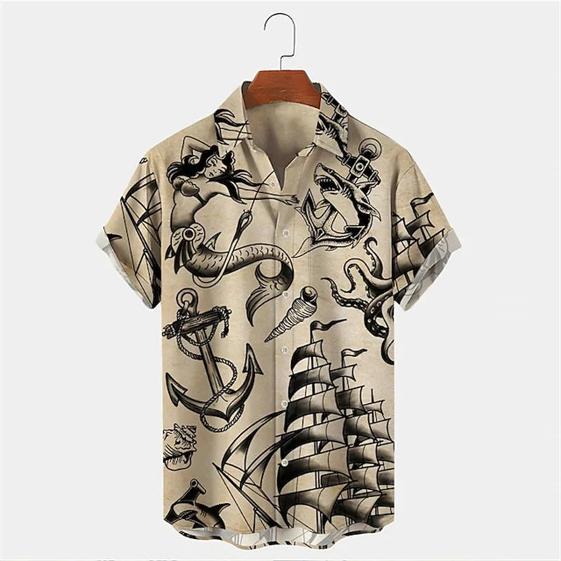 Vintage Men's Mermaid Print Shirts Boat Anchor Print Button Shirts Summer Ocean Element Shirts Men's Hawaiian Leisure Shirts