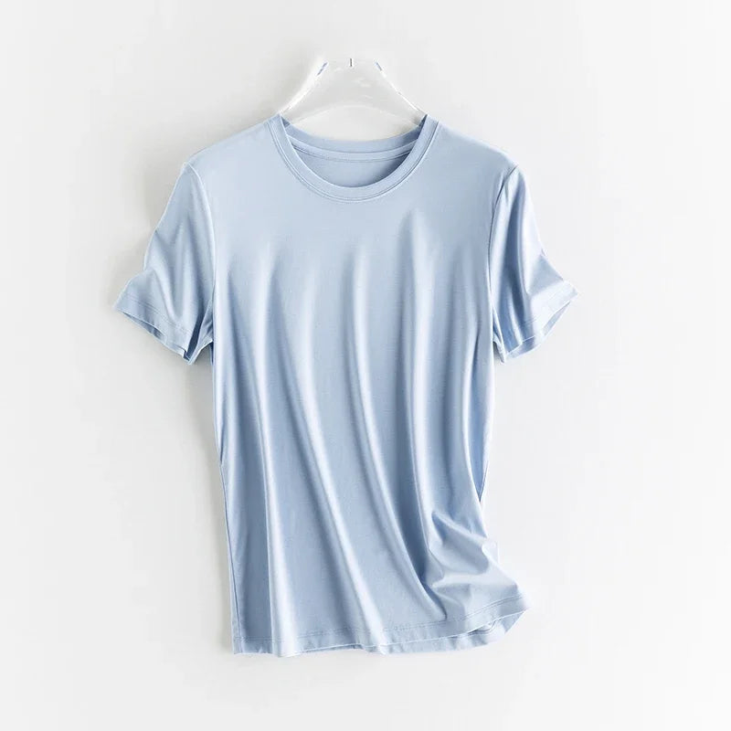 High-end New 10% Silk & Mercerized Cotton Women T-shirt Luxury Tee Short Sleeve Silky Feeling Summer Wear 2025 Tops V / O-neck