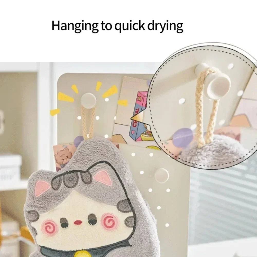 Cute Cat Hand Towel Quick Drying Kitchen Cleaning Rag Coral Velvet Cartoon Animal Absorbent Bathroom Hanging Towel Home Supplies