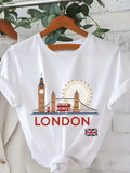 Women's Regular Fit Graphic T‑Shirt Vintage London Landmarks British Skyline Big Ben & London Eye Print Crew Neck Short Sleeve Breathable Casual Everyday Outfit Tee 1pc