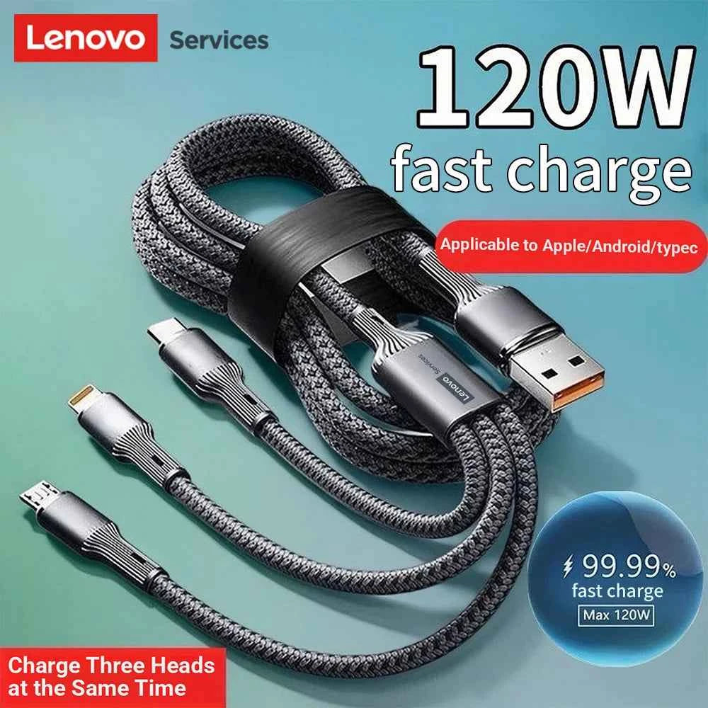 Lenovo 6A 120W 3 in 1 USB Type C Cable Fast Charge Phone Charger Data Cord For iPhone Xiaomi Huawei Quick Charge Micro USB Wire