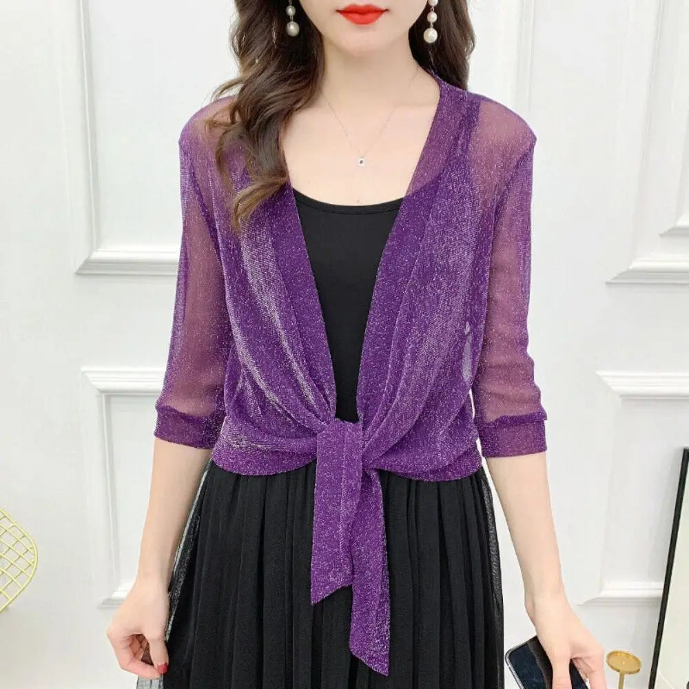 Glitter Tie Up Open Front Shrug Ladies Shawl Cropped Beach Summer Sun Protection Clothing Air-Conditioning Shirt