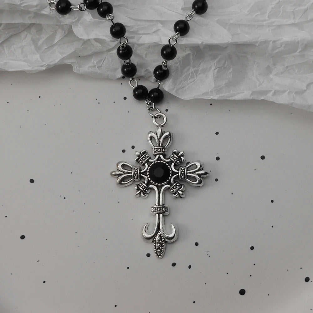 Gothic Bat Cross Dark Pendant Necklace Set, Y2K Personalized Thorn Love Black Bead Stacked Necklace Set, Suitable as Halloween G