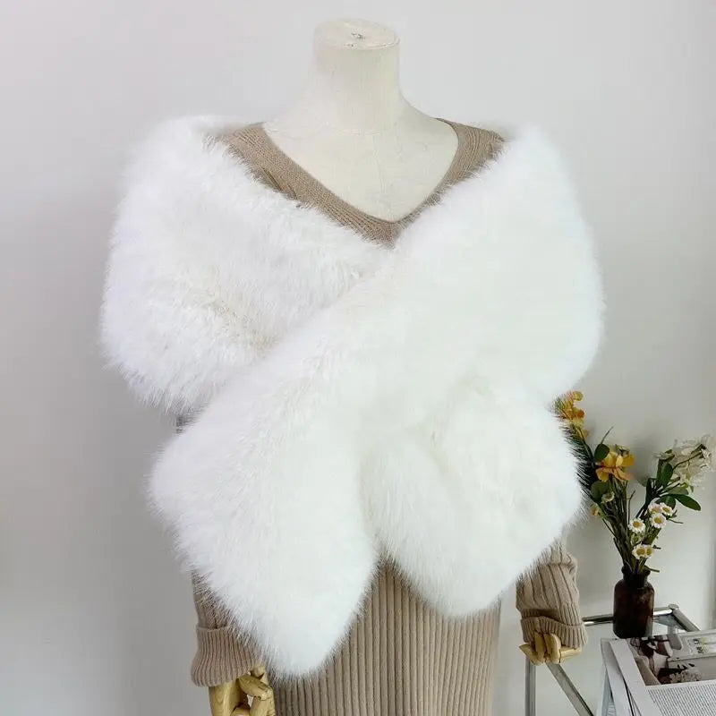 2025 Elegant Faux Fox Fur Shawl Women Scarf Collar Winter Warm Cape Wedding Solid Pashmina Plush Wrap Luxury