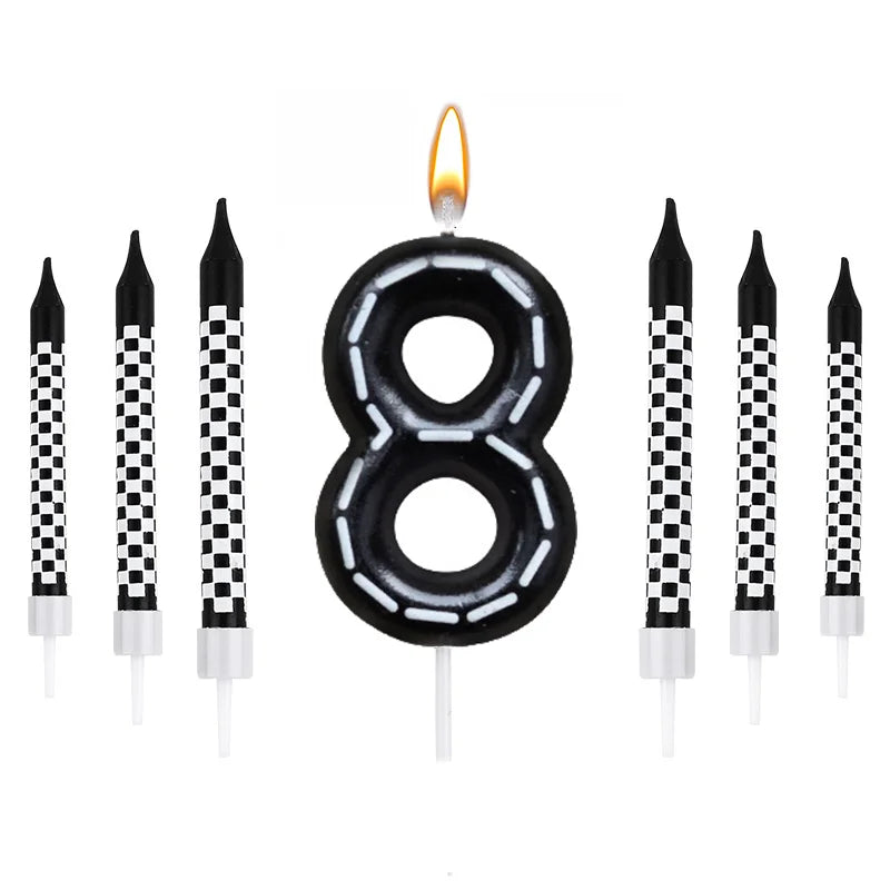 7Pcs/set Racing Cars Birthday Number Candles Black White Checkered Themed Cake Topper Kids Boys Birthday Party Decoration Favors