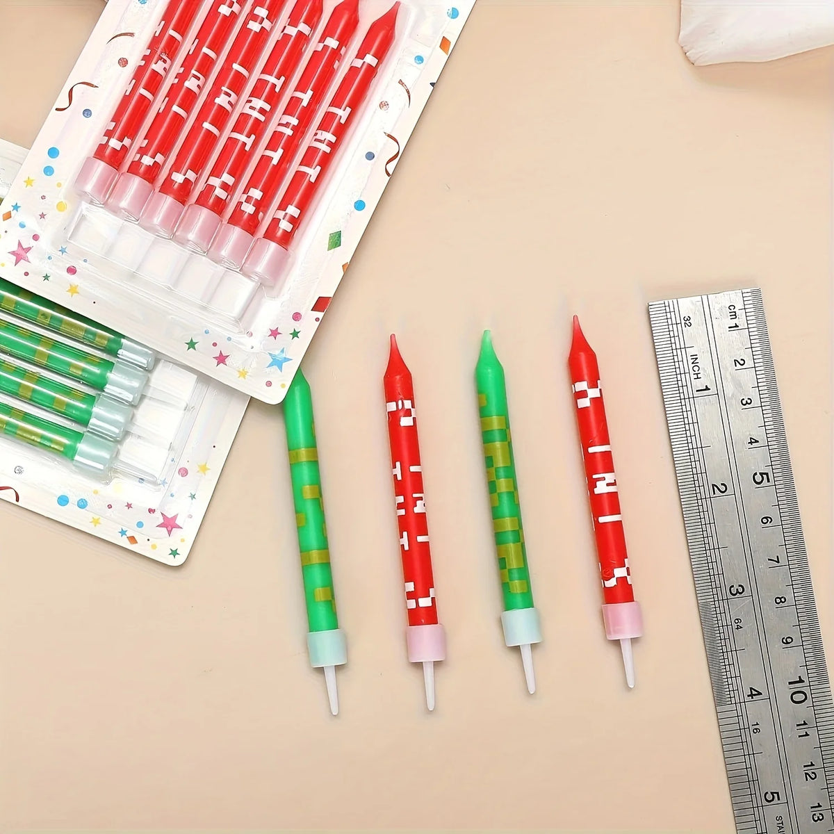 12/24pcs Green Pixel Cake Candle Decoration Red TNT Theme Green Wishing Candle Birthday Party Cake Candle Decorations Gift
