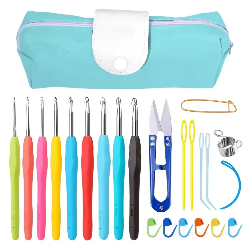 IMZAY Colorful Rubber Handle Knitting Needles Kit With Sewing Clips Plastic Needles Staniless Steel Scissors Crochet Hooks Set
